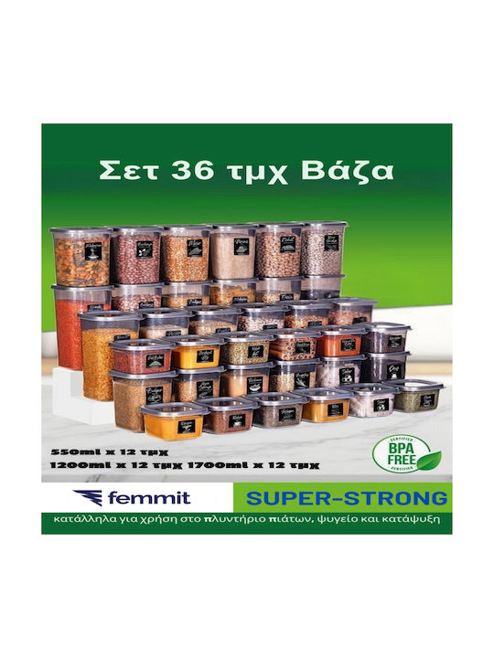 Femmit Σετ 36 Τμχ Βάζα Γενικής Χρήσης 550 1,200 1,700 Ml Αεροστεγές Καπάκι Πλαστικό