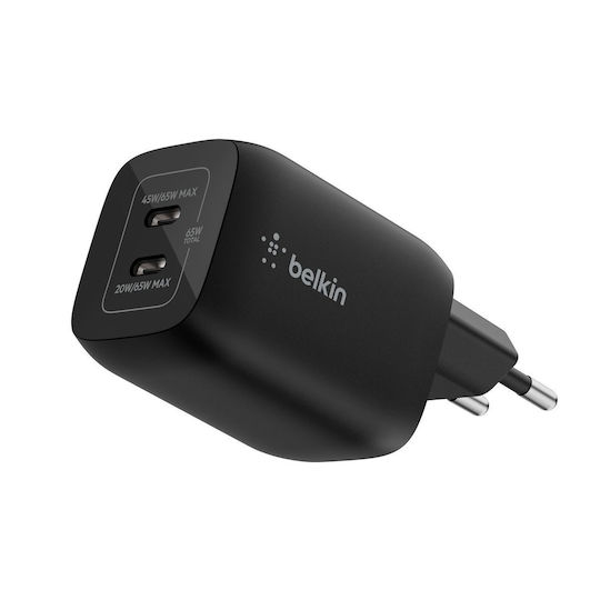 Belkin Φορτιστής Χωρίς Καλώδιο GaN με 2 Θύρες USB-C 65W Μαύρος (ENA007kqBK)