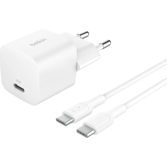 Belkin Φορτιστής με Θύρα USB-C και Καλώδιο USB-C - USB-C 25W Power Delivery Λευκός (BOOST Charge)