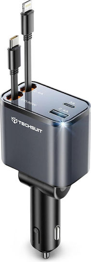 Techsuit Φορτιστής Αυτοκινήτου 69W 2.4A με Θύρες: 1xUSB 1xType-C μαζί με Καλώδιο Lightning / Type-C Γκρι Χρώμα
