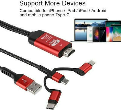 3 In 1 Mirascreen HDMI-Adapter Kabel 2m Type-C Micro USB Lightning Schwarz