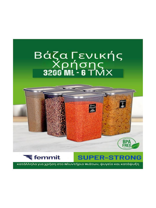 Femmit Σετ 6 Τμχ Βάζα Γενικής Χρήσης 3200 Ml Αεροστεγές Καπάκι Πλαστικό