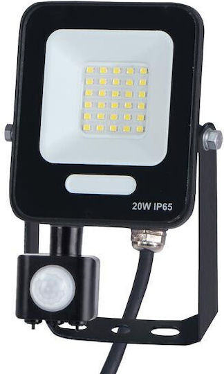Στεγανός Προβολέας LED 20W Φυσικό Λευκό 4000K με Αισθητήρα Κίνησης IP54