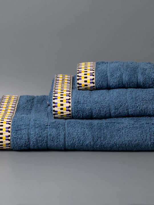 White Fabric Bath Towel Cotton 70x140cm Blue Weight 600gr/m²
