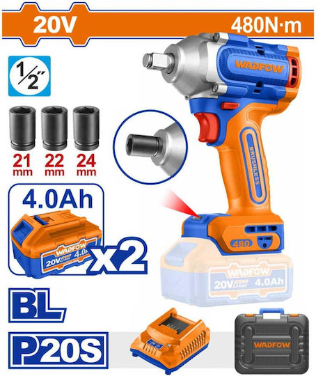 Wadfow WCD1B483E Brushless Impact Wrench Battery 20V 2x4Ah with Socket 1/2"