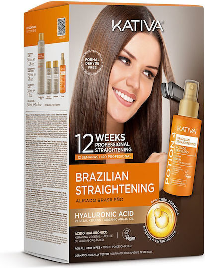 Kativa Brazilian Straightening Keratin Treatment Set for Straightening for All Types with Shampoo, Mask & Conditioner 4 Pieces