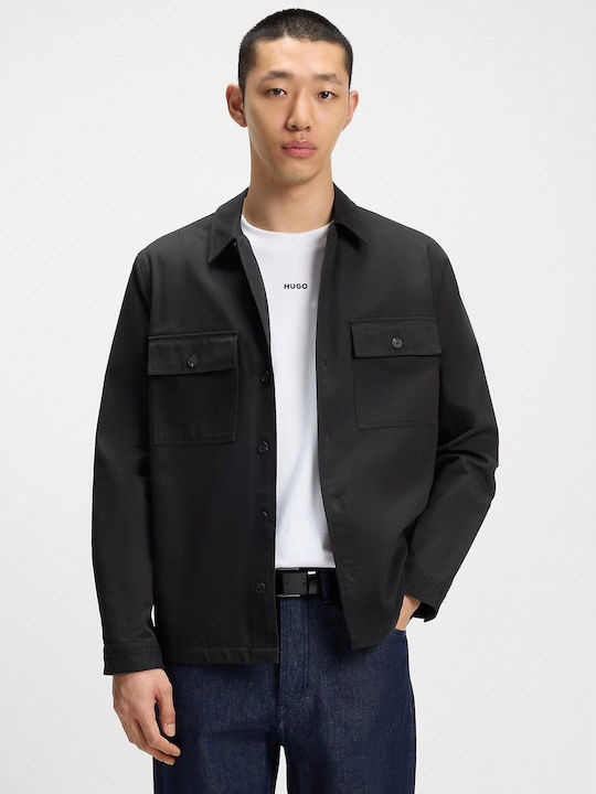 Epoldo Long Sleeve Cotton Overshirt in Oversized Line Black