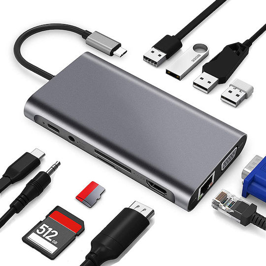 ATC USB-Hub 11 Anschlüsse USB 3.0 mit USB-A / Ethernet Grau