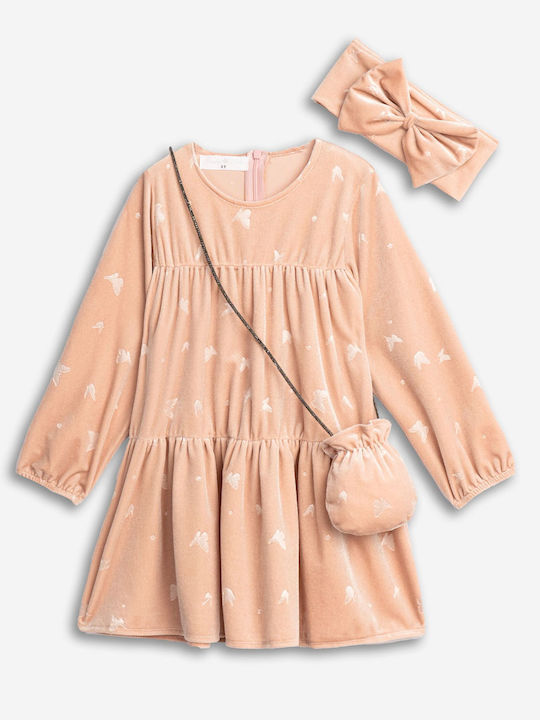 Children's Dress Long Sleeve Velvet Set with Accessories Pink