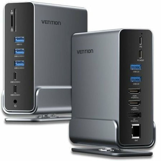 Vention USB-C Docking Station with HDMI/DisplayPort 4K PD Ethernet and Support for 3 Monitors Gray (TPUH0)