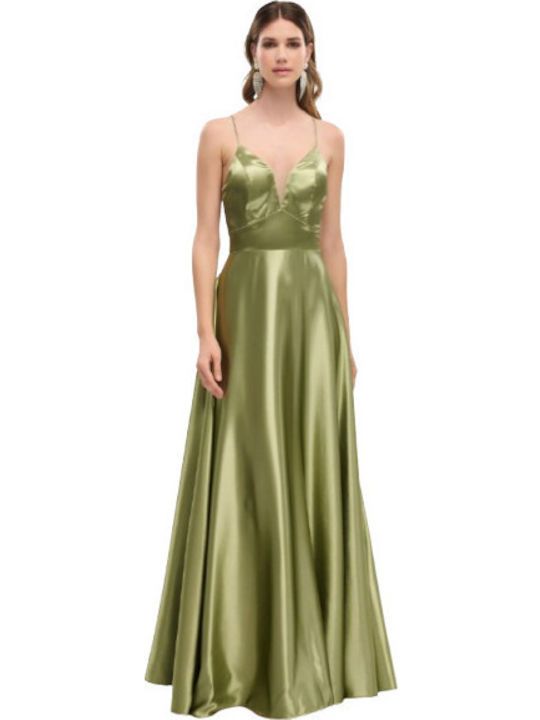 Summer Maxi Dress for Wedding Christening Satin Olive Green