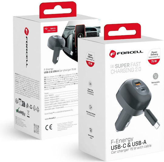 Forcell F-energy Auto-Ladegerät 75W 3A Schnellladung mit Anschlüssen: 1xUSB 1xType-C mit Kabel Typ-C,TC-TC Schwarz Farbe