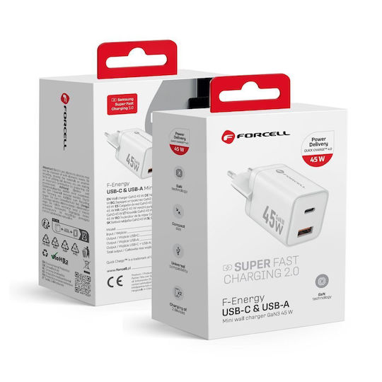Forcell Φορτιστής Χωρίς Καλώδιο GaN με Θύρα USB-A και Θύρα USB-C 45W Power Delivery / Quick Charge 4.0 Λευκός (F-Energy Mini VT-36)