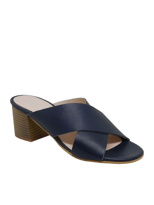 Leather Mules with Heel in Blue Color