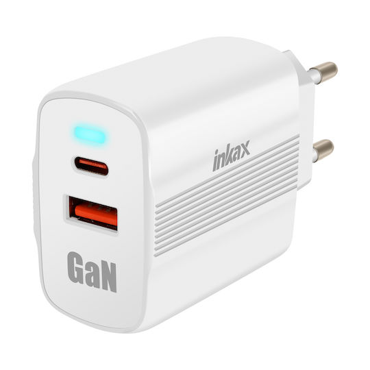 Inkax Зарядно без кабел GaN с USB-A порт и USB-C порт 45W Power Delivery Бял
