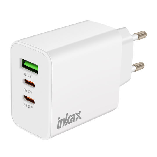 Inkax Φορτιστής Χωρίς Καλώδιο με Θύρα USB-A και 2 Θύρες USB-C 40W Power Delivery Λευκός (C26)
