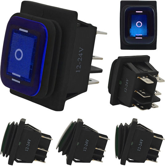 Led Switch 3-position 6-pin 12-24v Rocker Rocker Waterproof Blue