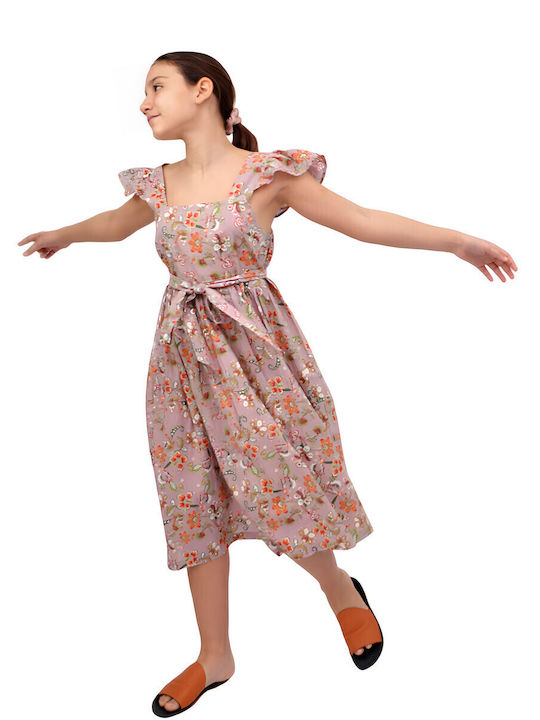 Mädchenkleid Kurzärmelig Blumen Set mit Zubehör Rosa