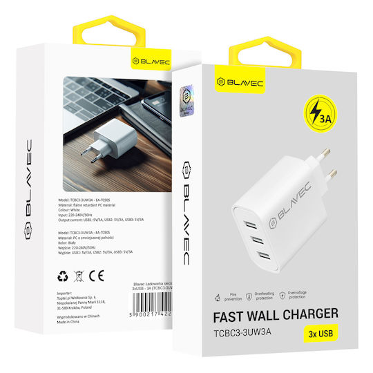 Blavec Ladegerät ohne Kabel mit 3 USB-A Anschlüsse 15W Weißs (TCBC3-3UW3A)
