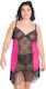 Sexy Babydoll Free Move Νυχτικό & String Όλο Δανδέλα Κρόσια Plus Size 20709-Schwarzes Fuchsia