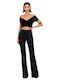 Damen Hoch tailliert Stoff Hose Schlag Black