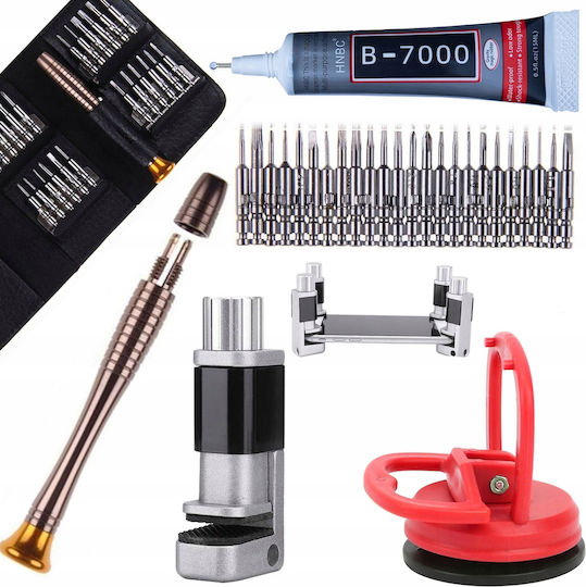 Rosfix Lcd Display Clamp + 25-in-1 Precision Screwdriver Set In Fabric Case + B7000 Glue + 55mm Lcd Display Suction Cup
