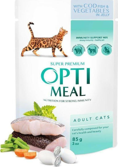 OptiMeal Wet Food for Adult Cats in Pouches with Cod, Vegetables, Fish, Meat, Chicken, Beef and Salmon 85gr