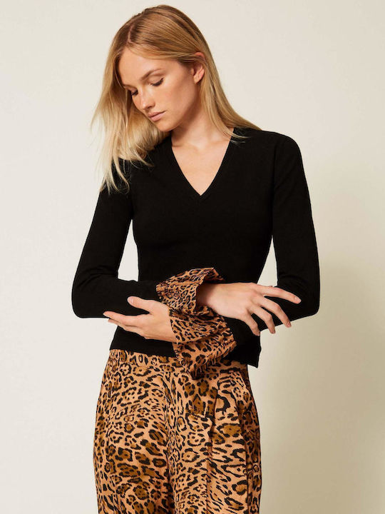 Women's Long Sleeve Sweater Animal Print Black