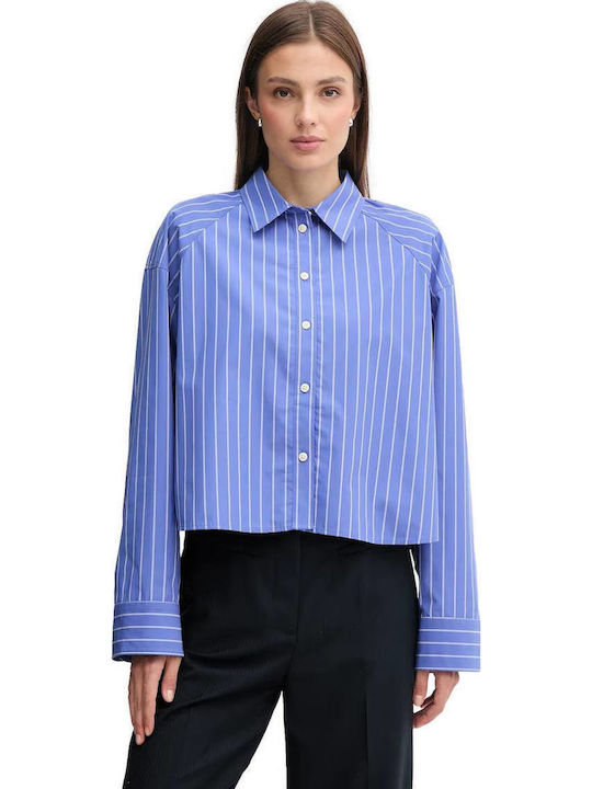 Women's Striped Short Sleeve Shirt White-Blue