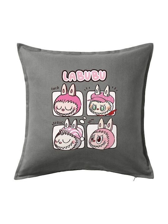 Labubu Pink Μαξιλάρι Καναπέ Γκρι 100% Βαμβάκι Π...