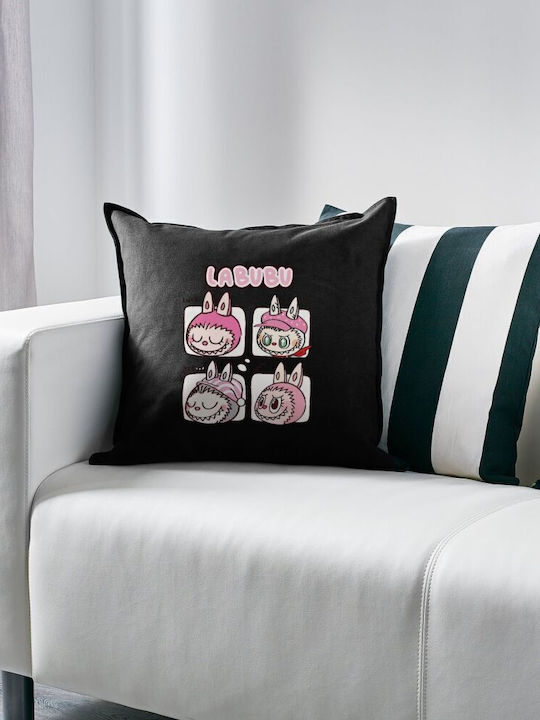 Labubu Pink Kids Throw Pillow Black 100% Cotton Includes Filling 50x50cm