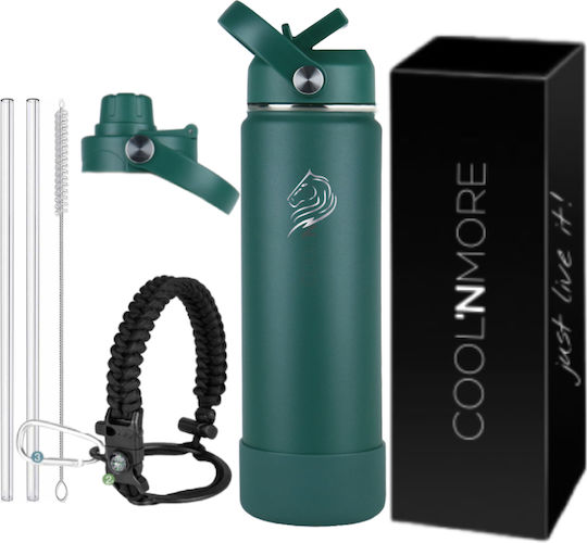Cool'NMore Stainless Steel Thermos Bottle BPA Free 750ml Moss Green with Handle Straw Loop and Mouthpiece