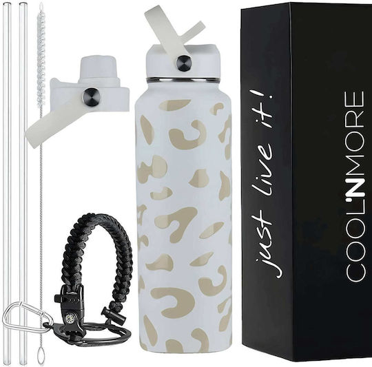 Cool'NMore Thermos Bottle Stainless Steel BPA Free 1lt White with Mouthpiece Loop Straw and Handle