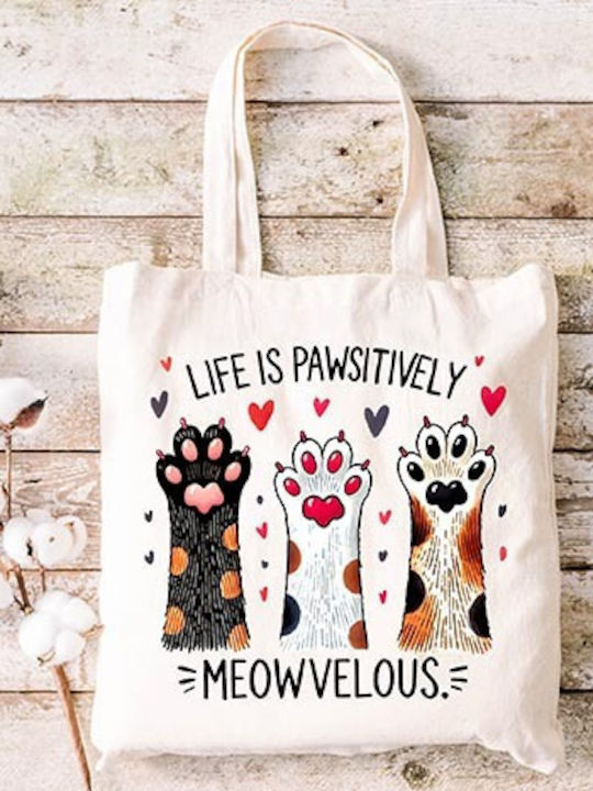 Ecru Fabric Cotton Shopping Bag Cat Design Neow Velous Dimensions 38x40cm With Handles 38x70cm