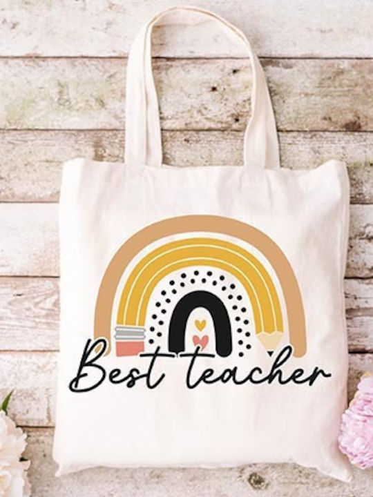 Ecru Canvas Fabric Shopping Bag Design Teacher 08 Dimensions 38x40cm With Handles 38x70cm