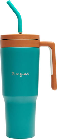 Zingies Чаша с дръжка Термос Неръждаема стомана / Пластмасов Без BPA 1.18lt Teal с Сламка и Дръжка