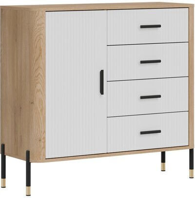 Sideboard Flosora 117 made of Wood & Metal with Drawers White, Oak, Black 40x40x109cm