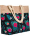Stoff Strandtasche Blumen Schwarz