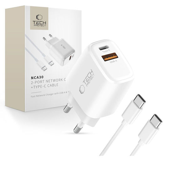 Tech-Protect с USB-A порт и USB-C порт и кабел USB-C - USB-C 30W Power Delivery / Quick Charge 3.0 Бял (NCA30)