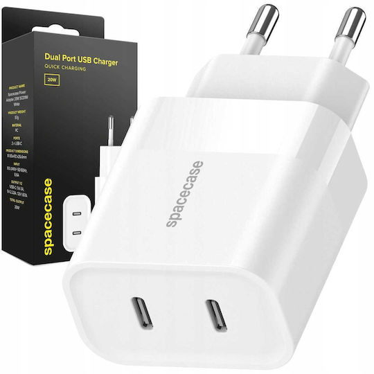 Spacecase Încărcător Fără Cablu cu 2 Porturi USB-C 20W Albς
