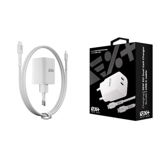 Next One Charger with Built-in Cable GaN with 2 USB-C Ports USB-C - USB-C 35W Whites