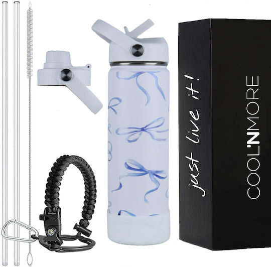 Cool'NMore Thermos Bottle Stainless Steel BPA Free 500ml White with Mouthpiece Loop Straw and Handle