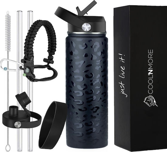 Cool'NMore Thermos Bottle Stainless Steel BPA Free 500ml Black With Handle Straw Loop And Mouthpiece