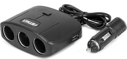 AMiO Φορτιστής Αυτοκινήτου 100W με Θύρες: 2xUSB 3xΑναπτήρα μαζί με Καλώδιο Ενσωματωμένο Μαύρο Χρώμα