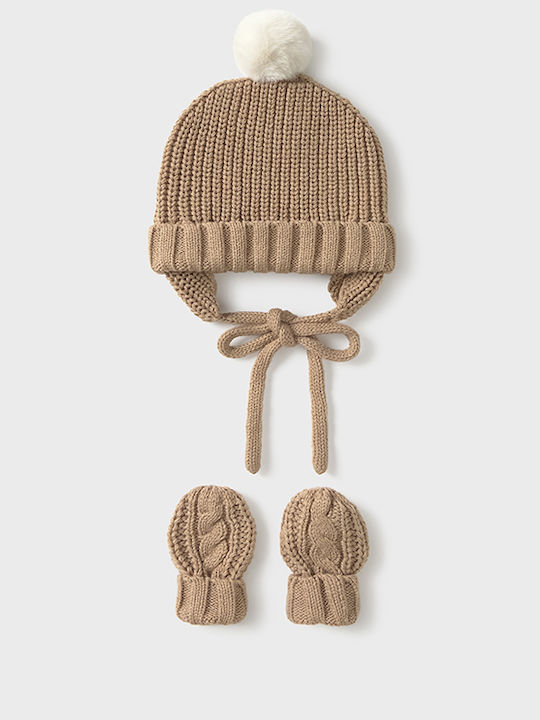 Mayoral Kids Beanie Set with Gloves Knitted Beige