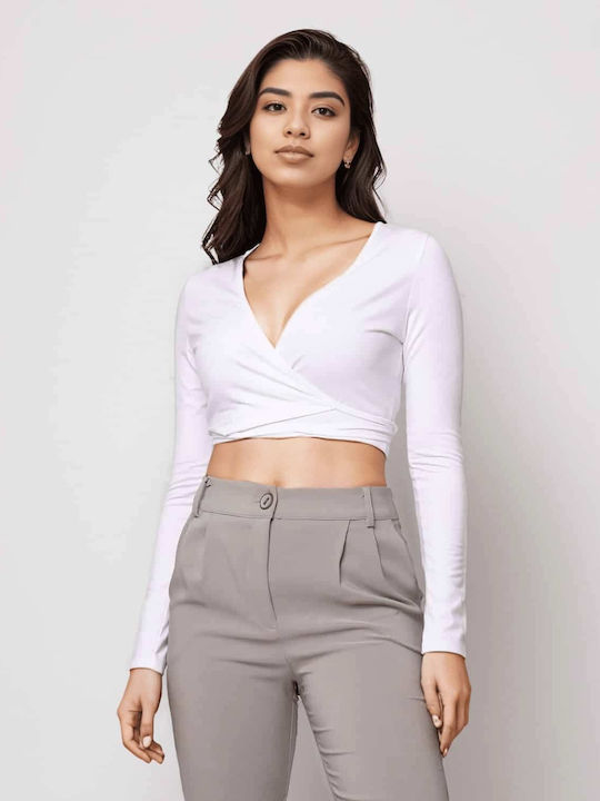 Damen Crop Top Langarm Weiß