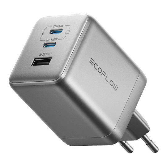 EcoFlow Charger Without Cable GaN with USB-A Port and 2 USB-C Ports 100W Quick Charge 3.0 / Quick Charge 2.0 Silver (Rapid Pro)