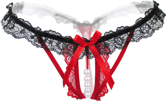Sexy Crotchless Pearl Massage Lace Panty T-Back Red