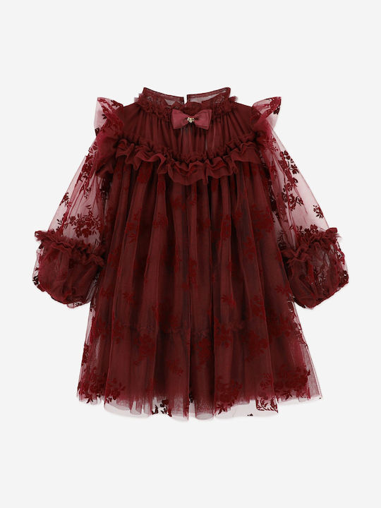 Flower Παιδικό Φόρεμα Μακρυμάνικο Τούλινο Burgundy