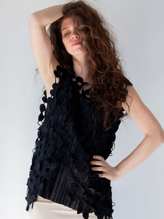 Damen Bluse Baumwolle Ärmellos Blumen Black